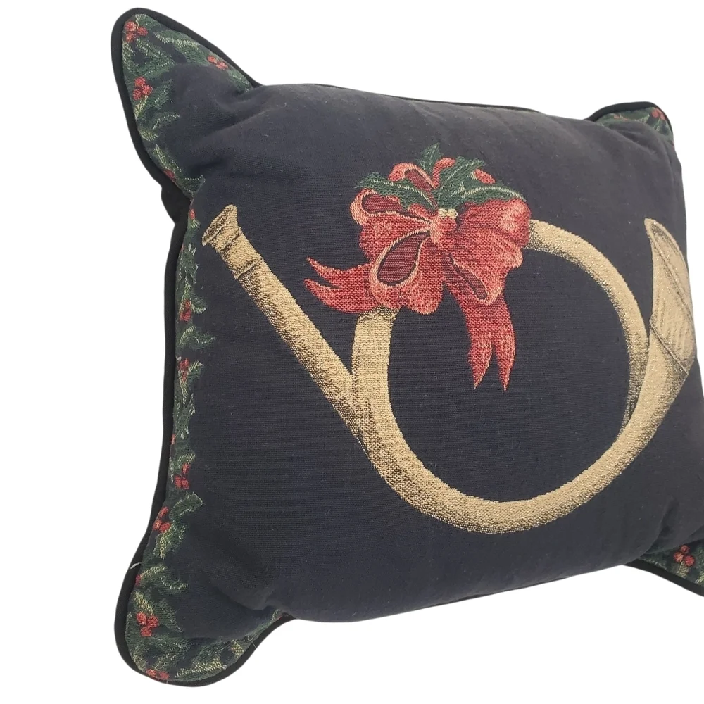 Classic Holiday Pillow. Black With Gold Horn And Red Green Accents. 16